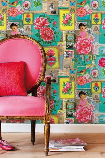 Pink and green chinese inspired wallpaper with pink chair