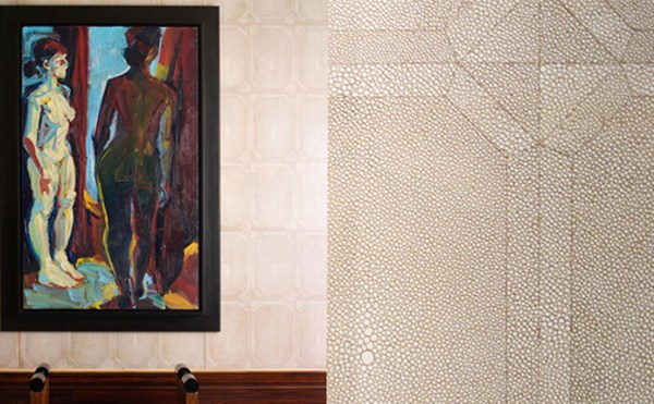 Beige shagreen wall covering with close-up detail